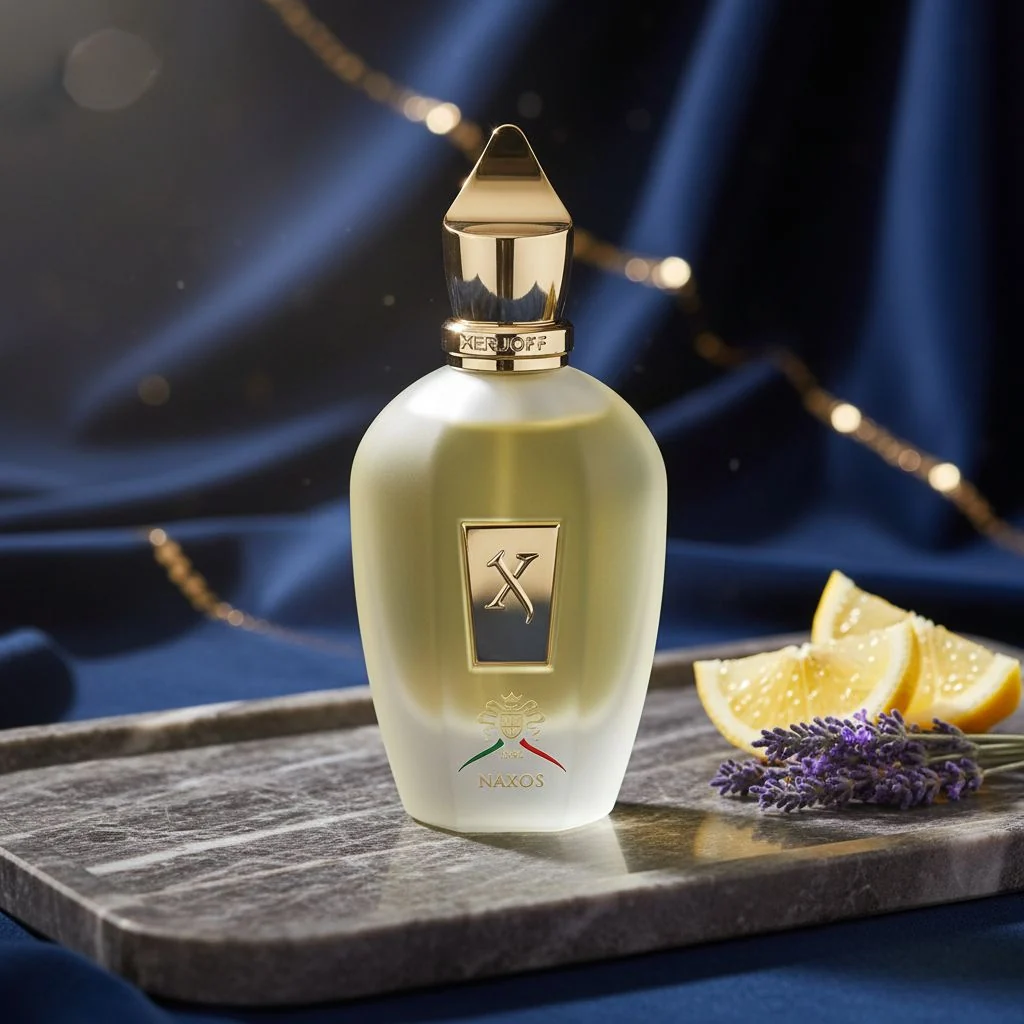 Xerjoff Naxos sur satin bleu, citron et lavande