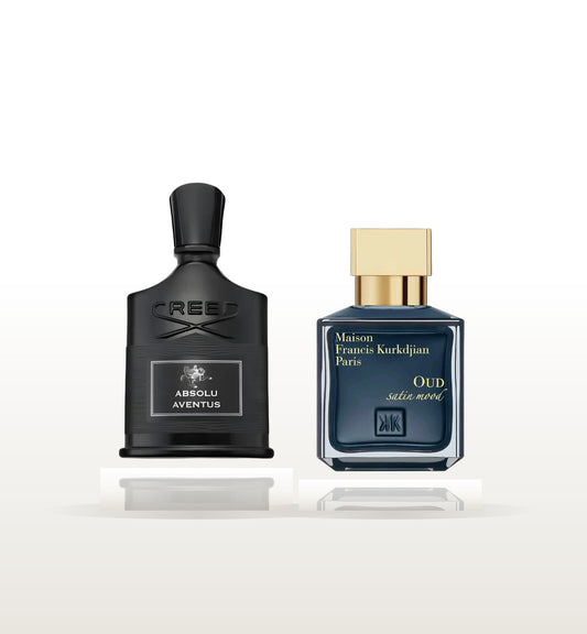 Coffret Double Vie — Creed Absolu Aventus et MFK Oud Satin Mood, décants de 3 ml