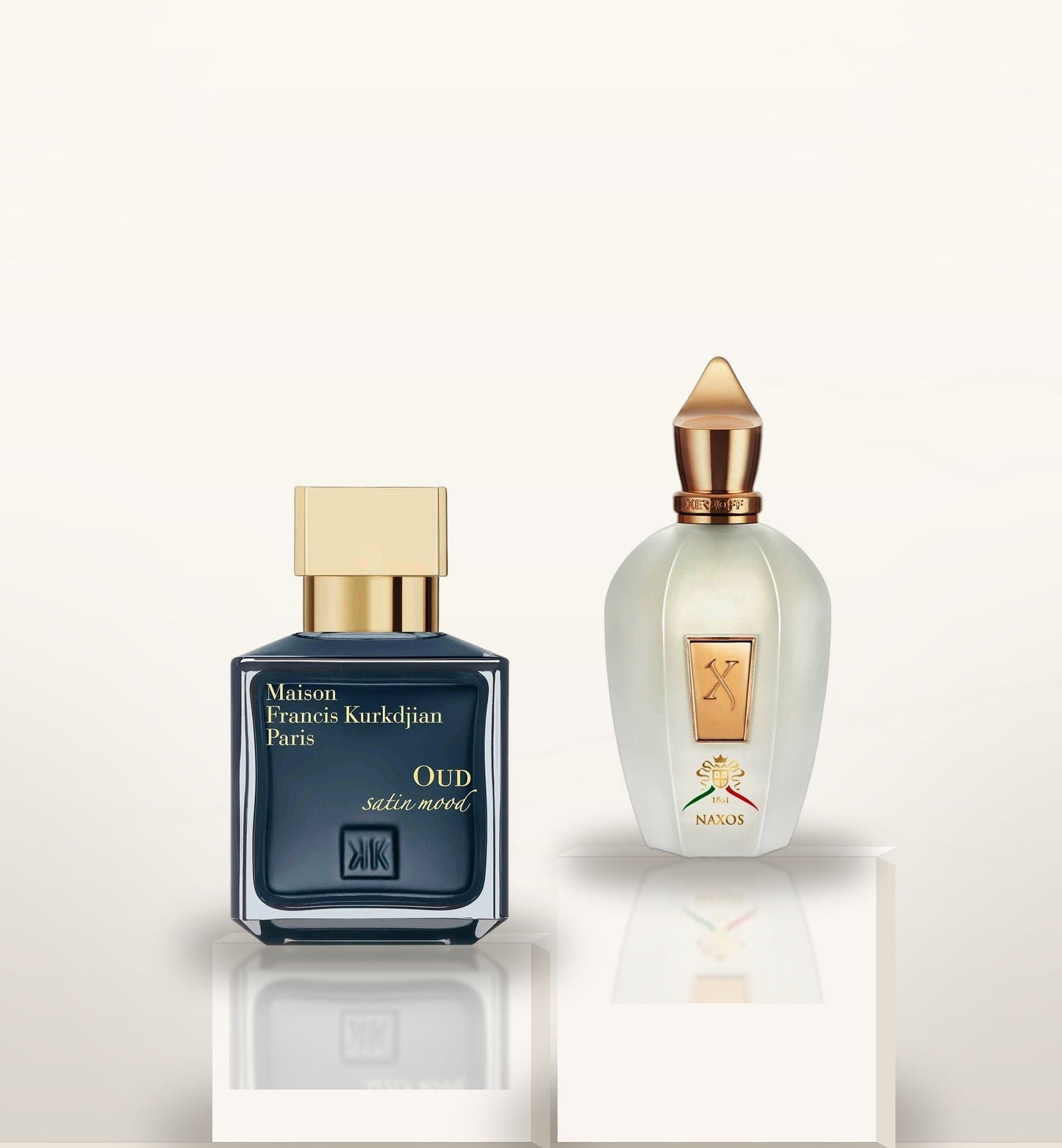Coffret Hiver, MFK Oud Satin Mood et Xerjoff Naxos sur piédestaux