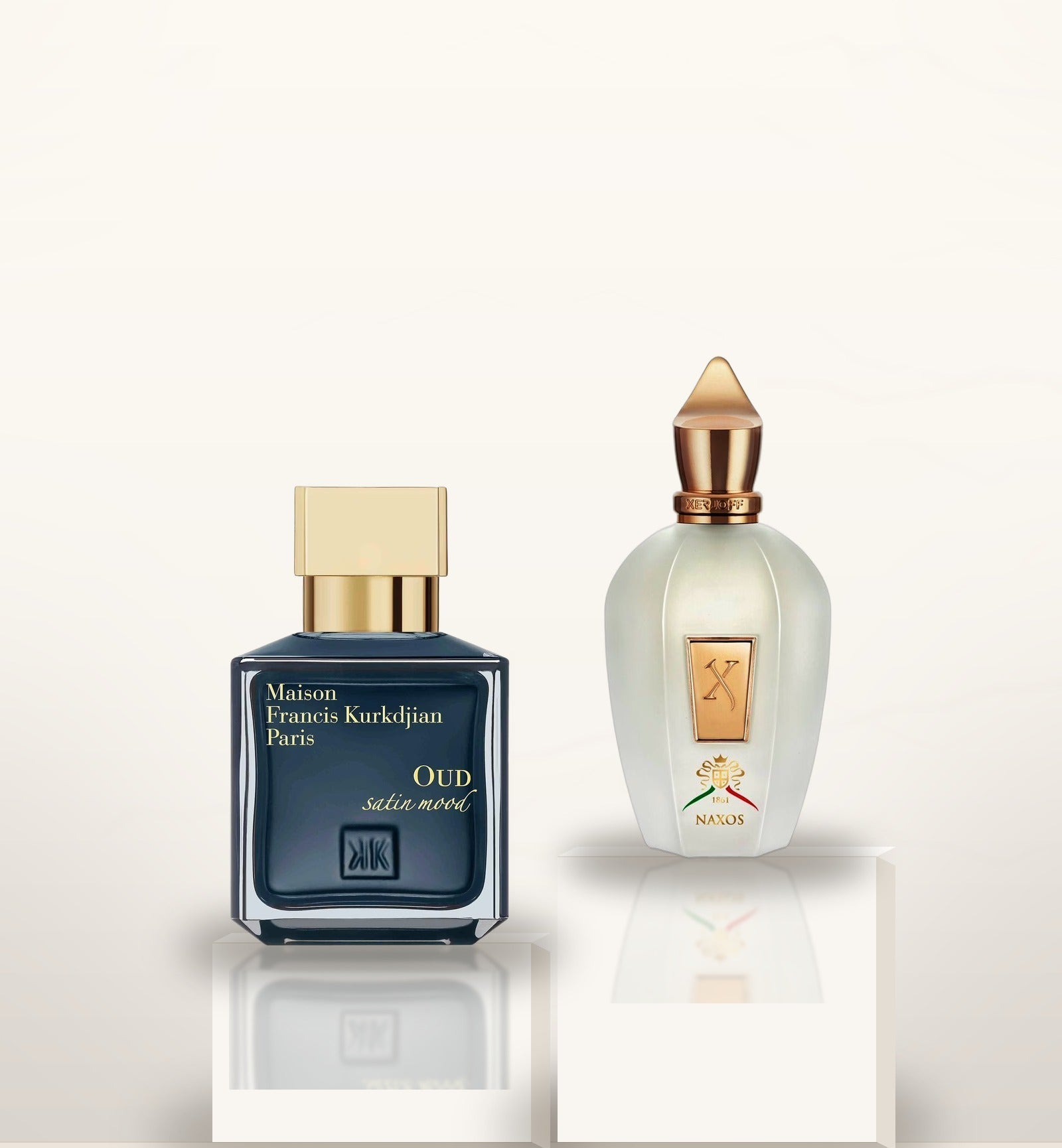 Coffret Hiver, MFK Oud Satin Mood et Xerjoff Naxos sur piédestaux