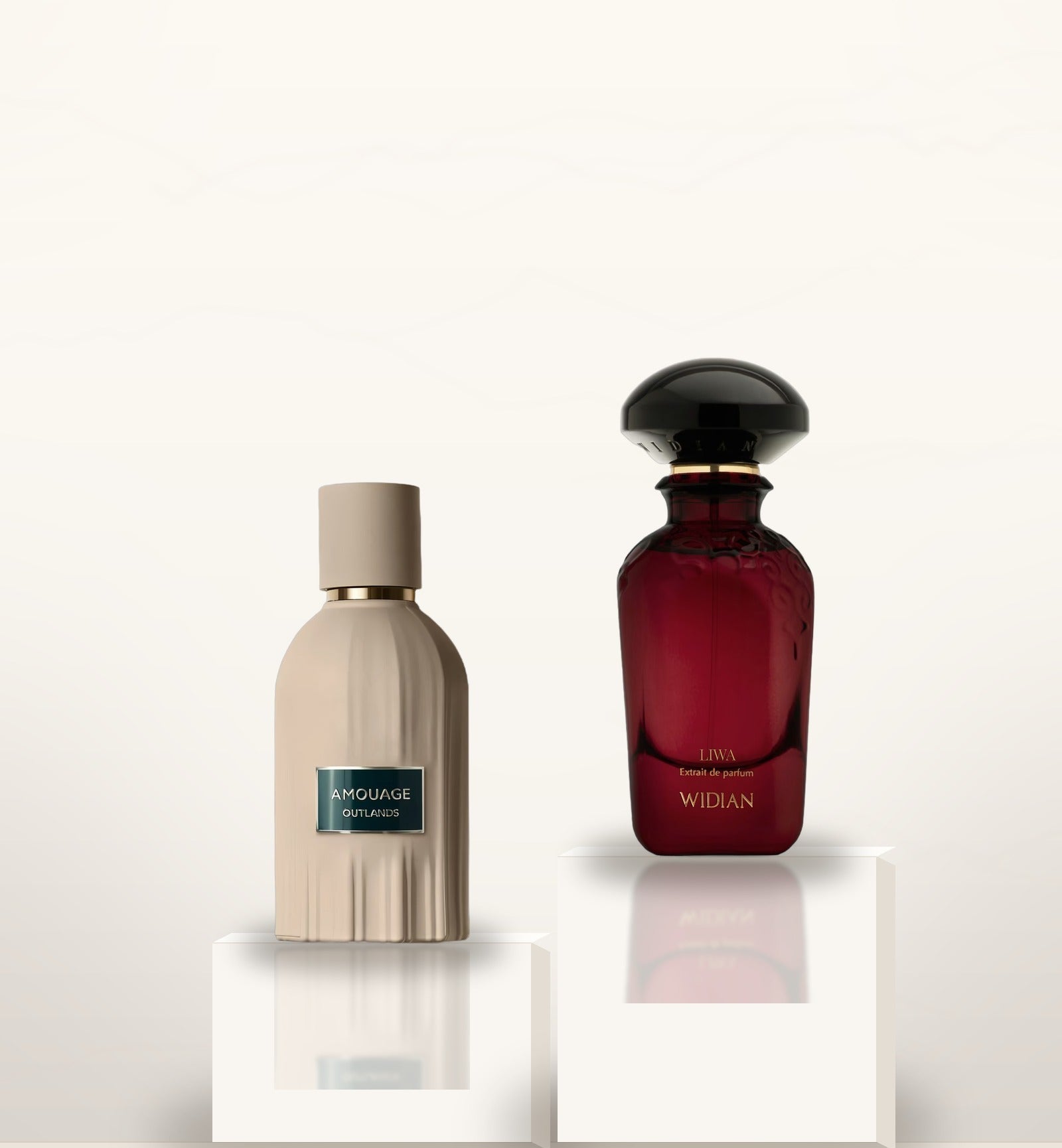 Coffret Lux, Amouage Outlands et Widian Liwa sur piédestaux